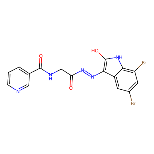 (Z)-N-(2-(2-(5,7-dibromo-2-oxoindolin-3-ylidene)hydrazinyl)-2-oxoethyl)nicotinamide structure