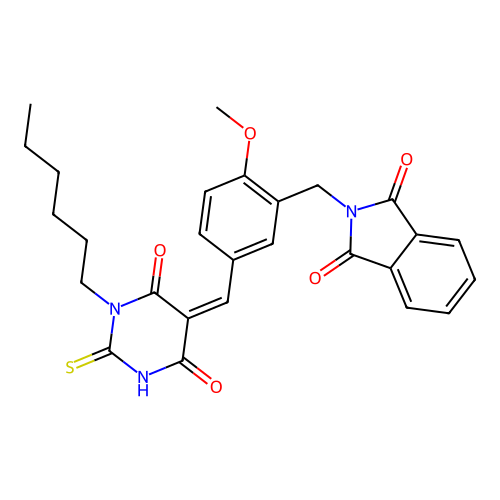 (Z)-2-(5-((1-hexyl-4,6-dioxo-2-thioxotetrahydropyrimidin-5(2H)-ylidene)methyl)-2-methoxybenzyl)isoindoline-1,3-dione structure