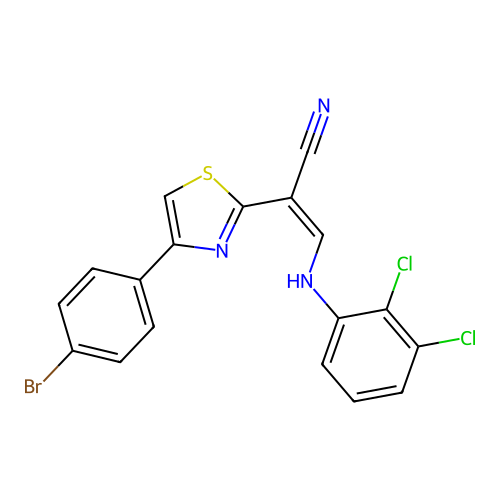 (Z)-2-(4-(4-bromophenyl)thiazol-2-yl)-3-((2,3-dichlorophenyl)amino)acrylonitrile structure