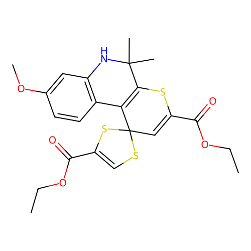 diethyl 8'-methoxy-5',5'-dimethyl-5',6'-dihydrospiro[[1,3]dithiole-2,1'-thiopyrano[2,3-c]quinoline]-3',4-dicarboxylate structure
