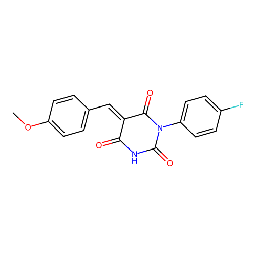 (5E)-1-(4-fluorophenyl)-2-hydroxy-5-(4-methoxybenzylidene)pyrimidine-4,6(1H,5H)-dione structure