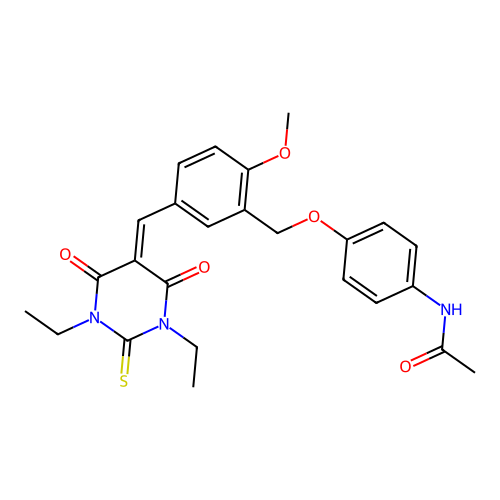 N-(4-((5-((1,3-diethyl-4,6-dioxo-2-thioxotetrahydropyrimidin-5(2H)-ylidene)methyl)-2-methoxybenzyl)oxy)phenyl)acetamide structure