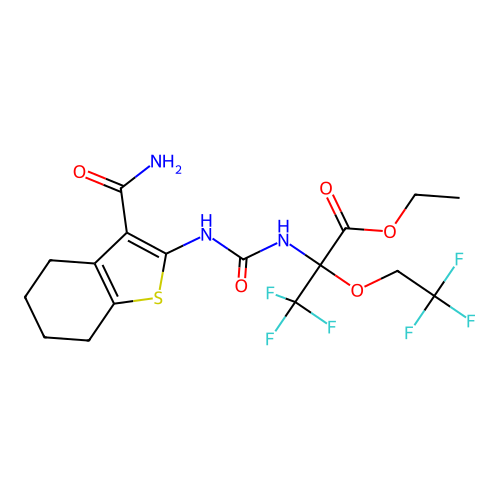 ethyl 2-(3-(3-carbamoyl-4,5,6,7-tetrahydrobenzo[b]thiophen-2-yl)ureido)-3,3,3-trifluoro-2-(2,2,2-trifluoroethoxy)propanoate structure