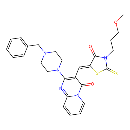 2-(4-benzylpiperazin-1-yl)-3-{(Z)-[3-(3-methoxypropyl)-4-oxo-2-thioxo-1,3-thiazolidin-5-ylidene]methyl}-4H-pyrido[1,2-a]pyrimidin-4-one structure