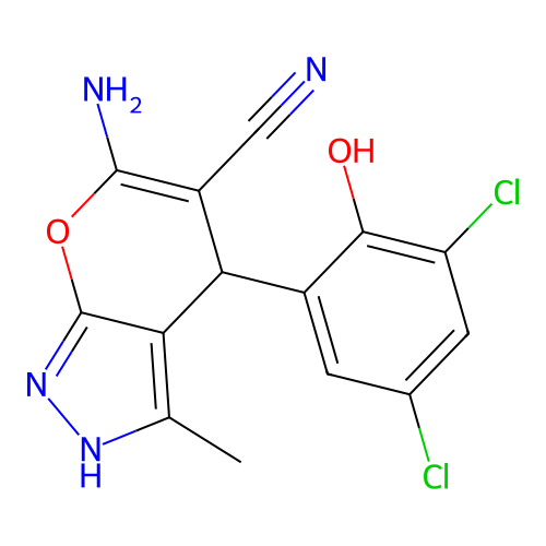 6-amino-4-(3,5-dichloro-2-hydroxyphenyl)-3-methyl-1,4-dihydropyrano[2,3-c]pyrazole-5-carbonitrile structure