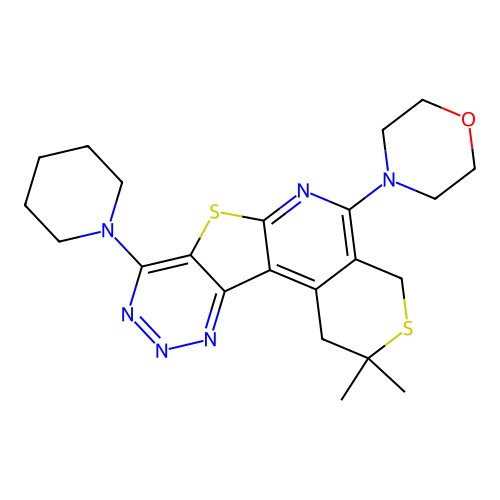 2,2-dimethyl-5-(morpholin-4-yl)-8-(piperidin-1-yl)-1,4-dihydro-2H-thiopyrano[4'',3'':4',5']pyrido[3',2':4,5]thieno[3,2-d][1,2,3]triazine structure