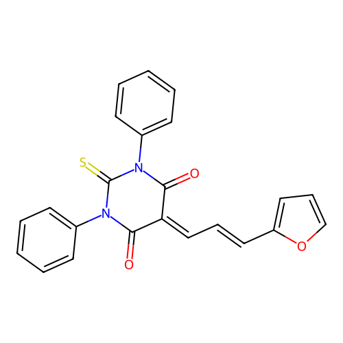 (E)-5-(3-(furan-2-yl)allylidene)-1,3-diphenyl-2-thioxodihydropyrimidine-4,6(1H,5H)-dione structure