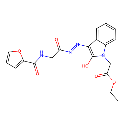 (Z)-ethyl 2-(3-(2-(2-(furan-2-carboxamido)acetyl)hydrazono)-2-oxoindolin-1-yl)acetate structure