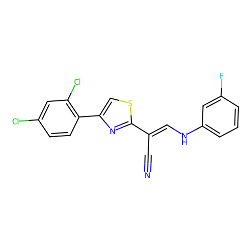 (E)-2-(4-(2,4-dichlorophenyl)thiazol-2-yl)-3-((3-fluorophenyl)amino)acrylonitrile structure