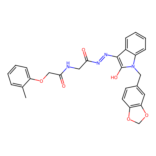 (Z)-N-(2-(2-(1-(benzo[d][1,3]dioxol-5-ylmethyl)-2-oxoindolin-3-ylidene)hydrazinyl)-2-oxoethyl)-2-(o-tolyloxy)acetamide structure