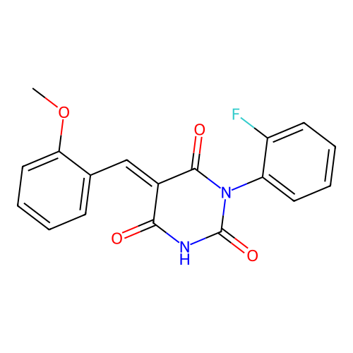 (E)-1-(2-fluorophenyl)-5-(2-methoxybenzylidene)pyrimidine-2,4,6(1H,3H,5H)-trione structure