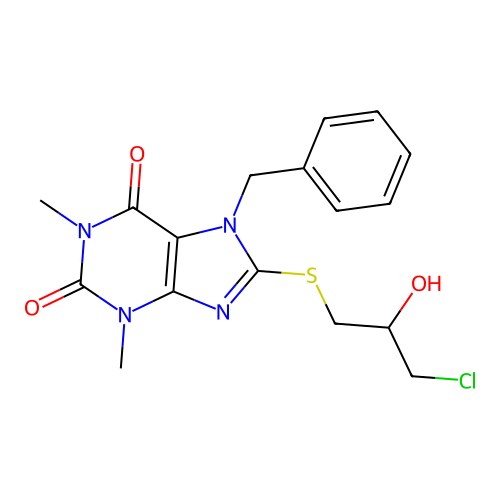 7-benzyl-8-[(3-chloro-2-hydroxypropyl)sulfanyl]-1,3-dimethyl-3,7-dihydro-1H-purine-2,6-dione structure