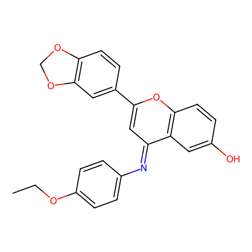 (E)-2-(benzo[d][1,3]dioxol-5-yl)-4-((4-ethoxyphenyl)imino)-4H-chromen-6-ol structure