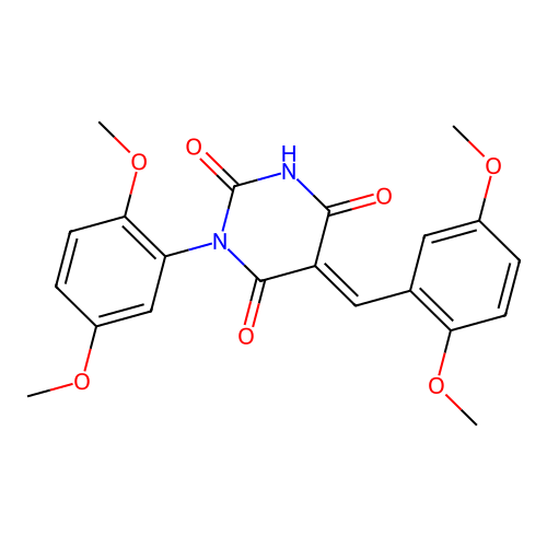 (E)-5-(2,5-dimethoxybenzylidene)-1-(2,5-dimethoxyphenyl)pyrimidine-2,4,6(1H,3H,5H)-trione structure