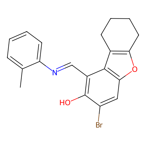 (E)-3-bromo-1-((o-tolylimino)methyl)-6,7,8,9-tetrahydrodibenzo[b,d]furan-2-ol structure
