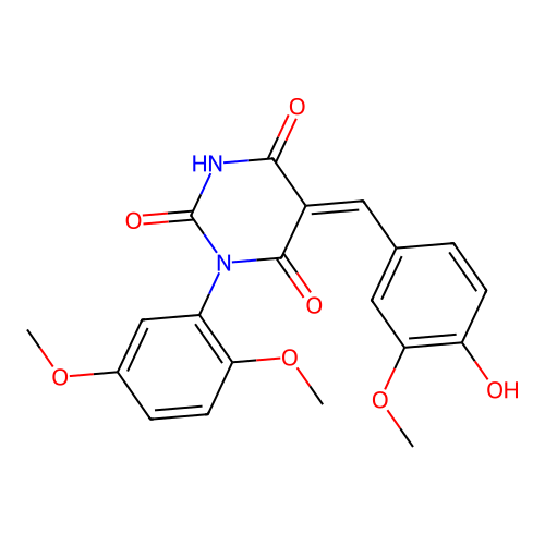 (5Z)-1-(2,5-dimethoxyphenyl)-5-(4-hydroxy-3-methoxybenzylidene)pyrimidine-2,4,6(1H,3H,5H)-trione structure