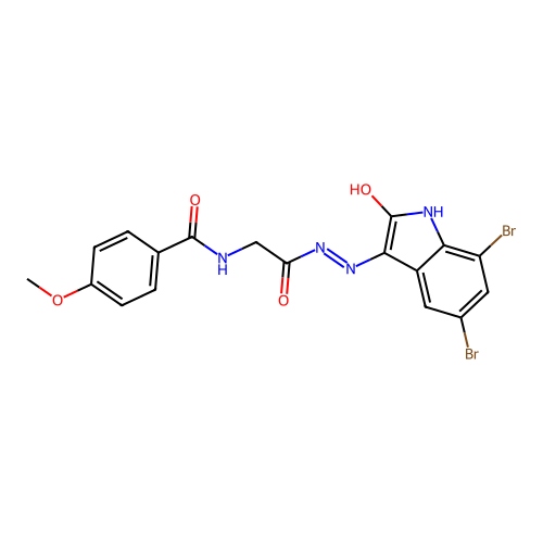 (E)-N-(2-(2-(5,7-dibromo-2-oxoindolin-3-ylidene)hydrazinyl)-2-oxoethyl)-4-methoxybenzamide structure