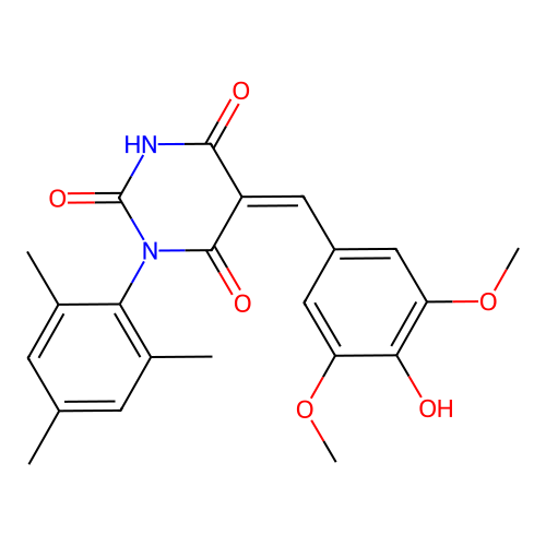 (Z)-5-(4-hydroxy-3,5-dimethoxybenzylidene)-1-mesitylpyrimidine-2,4,6(1H,3H,5H)-trione structure