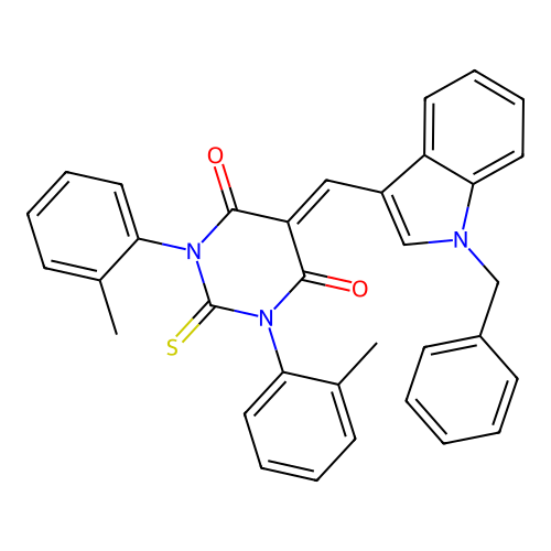 5-((1-benzyl-1H-indol-3-yl)methylene)-2-thioxo-1,3-di-o-tolyldihydropyrimidine-4,6(1H,5H)-dione structure