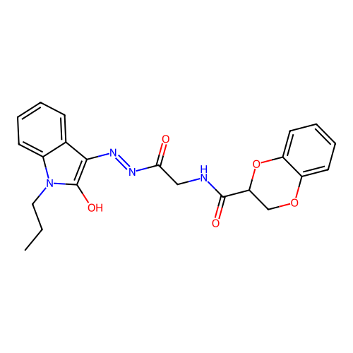 (Z)-N-(2-oxo-2-(2-(2-oxo-1-propylindolin-3-ylidene)hydrazinyl)ethyl)-2,3-dihydrobenzo[b][1,4]dioxine-2-carboxamide structure