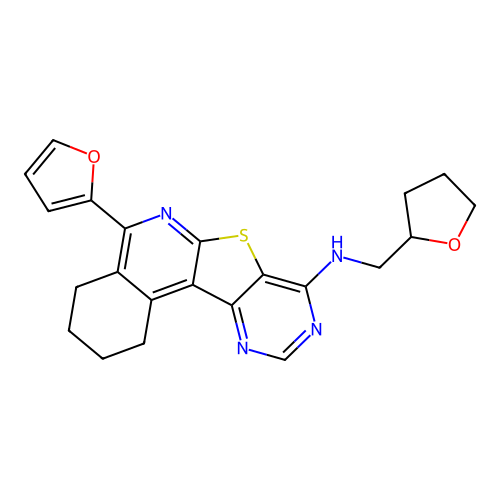5-(furan-2-yl)-N-((tetrahydrofuran-2-yl)methyl)-1,2,3,4-tetrahydropyrimido[4',5':4,5]thieno[2,3-c]isoquinolin-8-amine structure