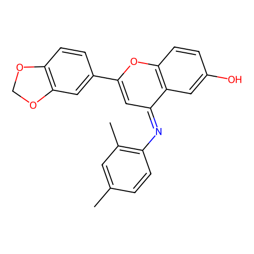 (E)-2-(benzo[d][1,3]dioxol-5-yl)-4-((2,4-dimethylphenyl)imino)-4H-chromen-6-ol structure