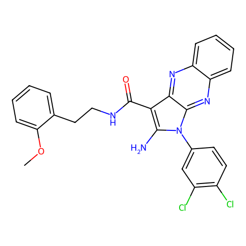 2-amino-1-(3,4-dichlorophenyl)-N-(2-methoxyphenethyl)-1H-pyrrolo[2,3-b]quinoxaline-3-carboxamide structure