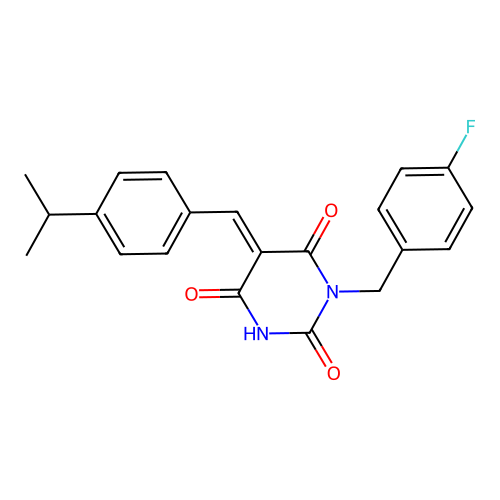 (E)-1-(4-fluorobenzyl)-5-(4-isopropylbenzylidene)pyrimidine-2,4,6(1H,3H,5H)-trione structure