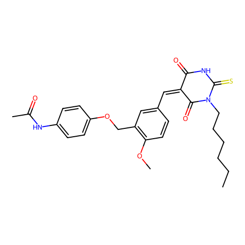 (Z)-N-(4-((5-((1-hexyl-4,6-dioxo-2-thioxotetrahydropyrimidin-5(2H)-ylidene)methyl)-2-methoxybenzyl)oxy)phenyl)acetamide structure
