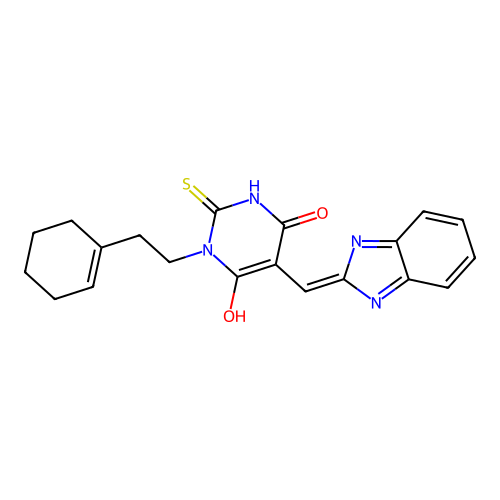 (5E)-5-(1H-benzimidazol-2-ylmethylidene)-1-[2-(cyclohexen-1-yl)ethyl]-2-sulfanylidene-1,3-diazinane-4,6-dione structure