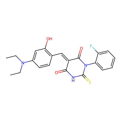 (E)-5-(4-(diethylamino)-2-hydroxybenzylidene)-1-(2-fluorophenyl)-2-thioxodihydropyrimidine-4,6(1H,5H)-dione structure