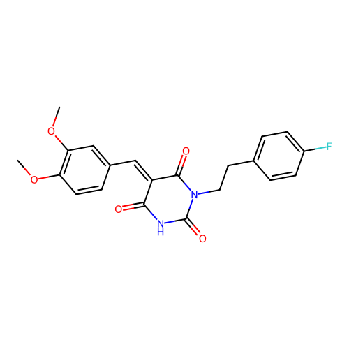 (E)-5-(3,4-dimethoxybenzylidene)-1-(4-fluorophenethyl)pyrimidine-2,4,6(1H,3H,5H)-trione structure
