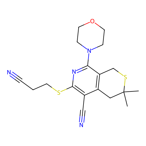 6-((2-cyanoethyl)thio)-3,3-dimethyl-8-morpholino-3,4-dihydro-1H-thiopyrano[3,4-c]pyridine-5-carbonitrile structure