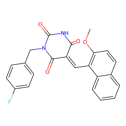 (E)-1-(4-fluorobenzyl)-5-((2-methoxynaphthalen-1-yl)methylene)pyrimidine-2,4,6(1H,3H,5H)-trione structure