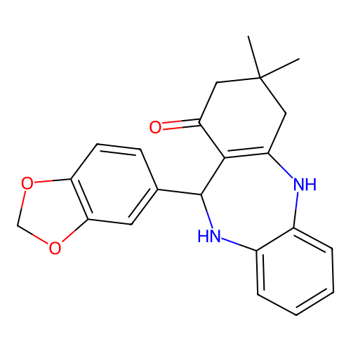 11-(1,3-benzodioxol-5-yl)-3,3-dimethyl-2,3,4,5,10,11-hexahydro-1H-dibenzo[b,e][1,4]diazepin-1-one structure