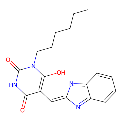 Pyrimidine-2,4,6-trione, 5-(1H-benzoimidazol-2-ylmethylene)-1-hexyl- structure