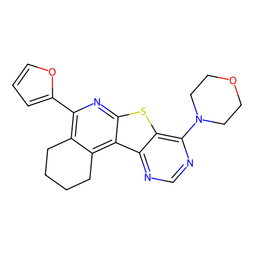 4-(5-(furan-2-yl)-1,2,3,4-tetrahydropyrimido[4',5':4,5]thieno[2,3-c]isoquinolin-8-yl)morpholine structure