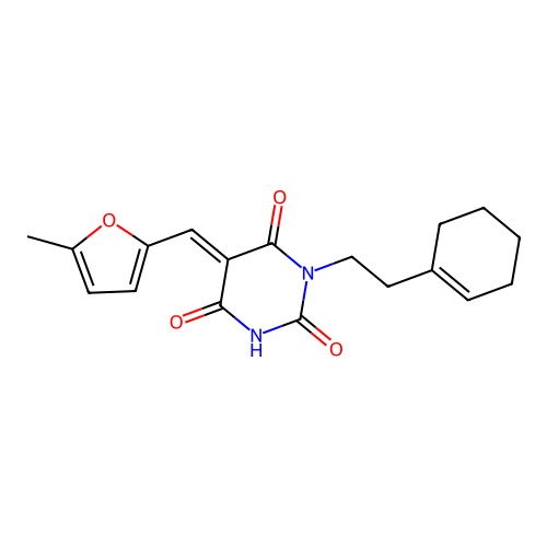 (E)-1-(2-(cyclohex-1-en-1-yl)ethyl)-5-((5-methylfuran-2-yl)methylene)pyrimidine-2,4,6(1H,3H,5H)-trione structure