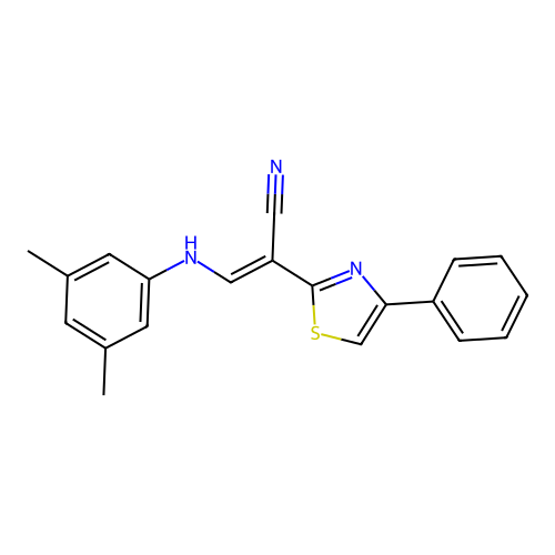 (E)-3-((3,5-dimethylphenyl)amino)-2-(4-phenylthiazol-2-yl)acrylonitrile structure