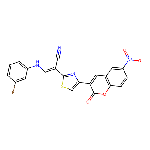 (2E)-3-[(3-bromophenyl)amino]-2-[4-(6-nitro-2-oxo-2H-chromen-3-yl)-1,3-thiazol-2-yl]prop-2-enenitrile structure