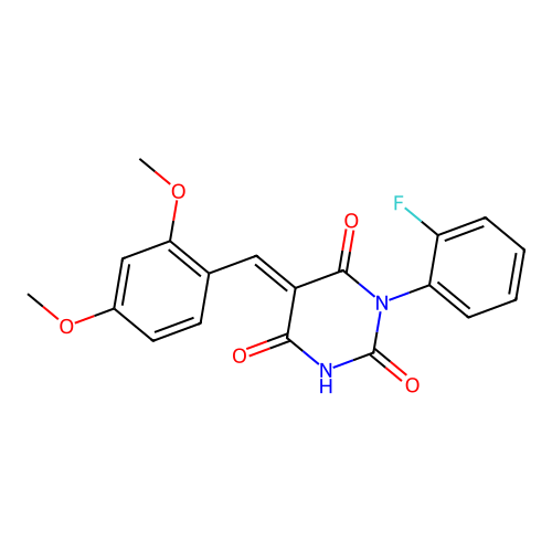 (E)-5-(2,4-dimethoxybenzylidene)-1-(2-fluorophenyl)pyrimidine-2,4,6(1H,3H,5H)-trione structure