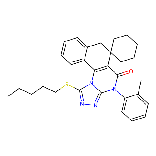 1-(pentylthio)-4-(o-tolyl)-4H-spiro[benzo[h][1,2,4]triazolo[4,3-a]quinazoline-6,1'-cyclohexan]-5(7H)-one structure
