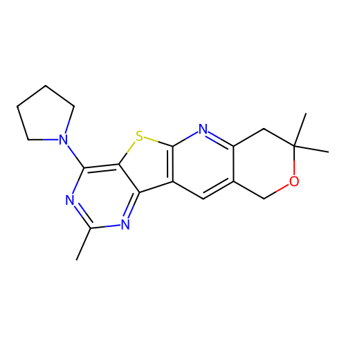 2,8,8-trimethyl-4-(pyrrolidin-1-yl)-7,10-dihydro-8H-pyrano[3'',4'':5',6']pyrido[3',2':4,5]thieno[3,2-d]pyrimidine structure