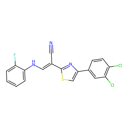 (E)-2-(4-(3,4-dichlorophenyl)thiazol-2-yl)-3-((2-fluorophenyl)amino)acrylonitrile structure