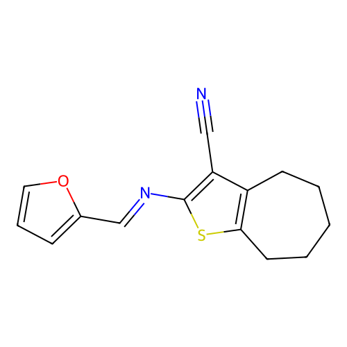 2-(2-furanylmethylideneamino)-5,6,7,8-tetrahydro-4H-cyclohepta[b]thiophene-3-carbonitrile structure