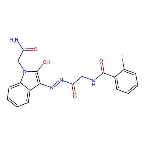 N-[[[1-(carbamoylmethyl)-2-oxo-indol-3-ylidene]amino]carbamoylmethyl]-2-iodo-benzamide structure