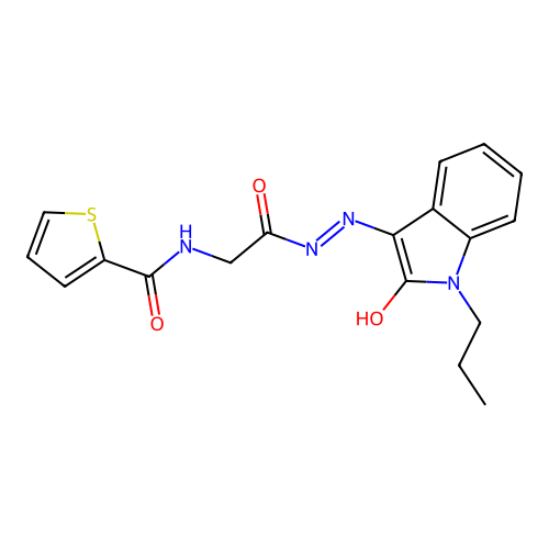 N-[2-oxo-2-[2-(2-oxo-1-propylindol-3-ylidene)hydrazinyl]ethyl]thiophene-2-carboxamide structure