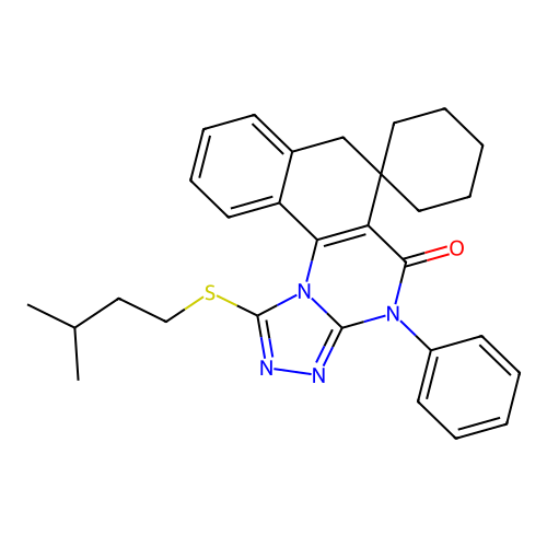 1-(isopentylthio)-4-phenyl-4H-spiro[benzo[h][1,2,4]triazolo[4,3-a]quinazoline-6,1'-cyclohexan]-5(7H)-one structure