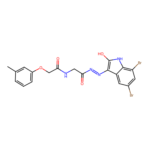 N-[[(5,7-dibromo-2-oxo-indol-3-yl)amino]carbamoylmethyl]-2-(3-methylphenoxy)acetamide structure