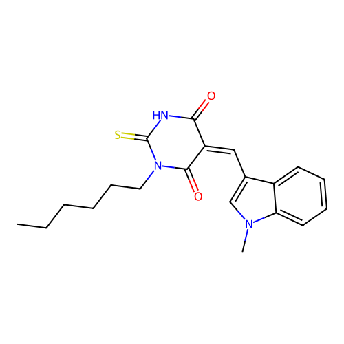 (Z)-1-hexyl-5-((1-methyl-1H-indol-3-yl)methylene)-2-thioxodihydropyrimidine-4,6(1H,5H)-dione structure